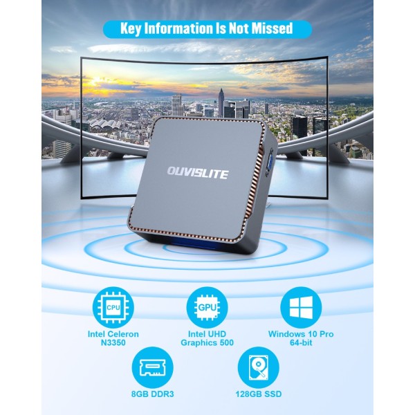 Mini PC Windows 10 Pro with 8GB DDR3 128GB SSD Ιntel Celeron N3350(Up to 2.4GHz) Mini Computer Desktop Computer Support 4K HDMI Triple Display 2.4G/5G WiFi, BT 4.2, Gigabit Ethernet for Home Business