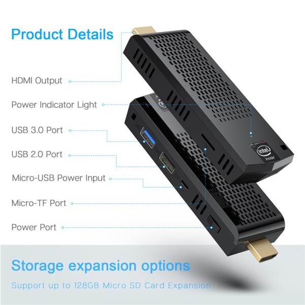 [Lightweight] Fanless Mini PC Stick - Equip with Intel Atom X5-Z8350 (8GB DDR3L, 128GB eMMC) with Windows 10 Pro, Small Form Portable Computer Stick Supports 128GB TF Card, Bluetooth 4.2 and Wi-Fi