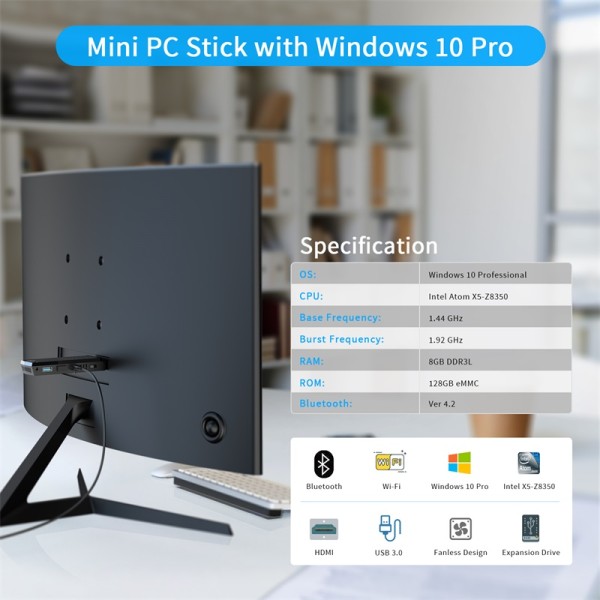 [Lightweight] Fanless Mini PC Stick - Equip with Intel Atom X5-Z8350 (8GB DDR3L, 128GB eMMC) with Windows 10 Pro, Small Form Portable Computer Stick Supports 128GB TF Card, Bluetooth 4.2 and Wi-Fi