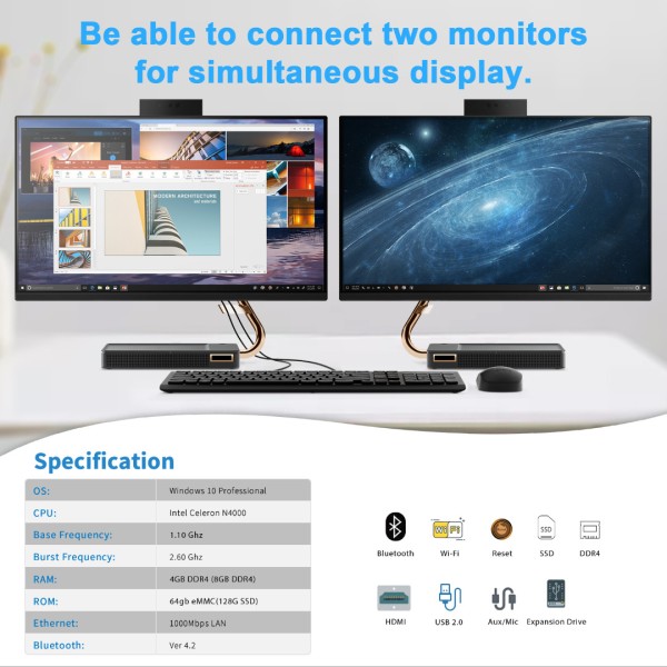 [Entry-Level] Mini PC - Gemini Lake N4000 (4GB DDR4, 64GB eMMC), Low Power Small Fanless Desktop Computer with Expandable Storage Up to 2TB, Support HDMI Dual-Display, TF Card