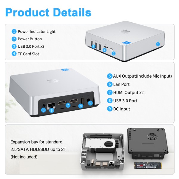 [Entry-Level] Mini PC - Gemini Lake N4000 (4GB DDR4, 64GB eMMC), Low Power Small Fanless Desktop Computer with Expandable Storage Up to 2TB, Support HDMI Dual-Display, TF Card