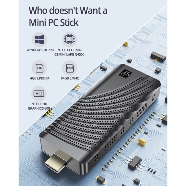 Mini PC Stick Intel Celeron N4000 (Up to 2.6GHz) Windows 10 Pro Mini Computer Stick 4GB DDR4 64GB eMMC Micro Desktop Small Form Factor PC Supports 4K HDMI, 2.4G/5G WiFi, Bluetooth 4.2, Auto Power On